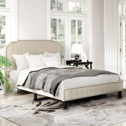 Vienna Upholstered Platform Bed | Beige | Artisanelm