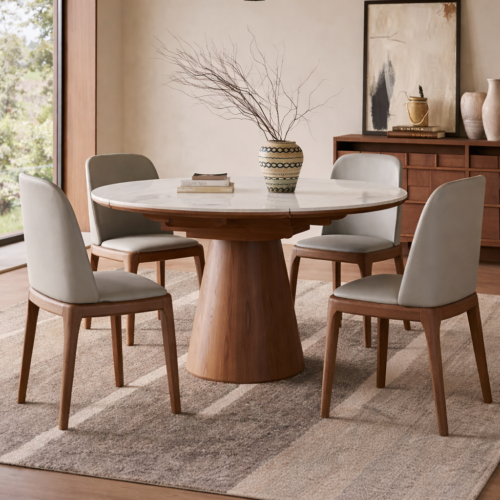 Artisan Elm – Aria Sculptural Walnut Round Dining Set(5-pieces)