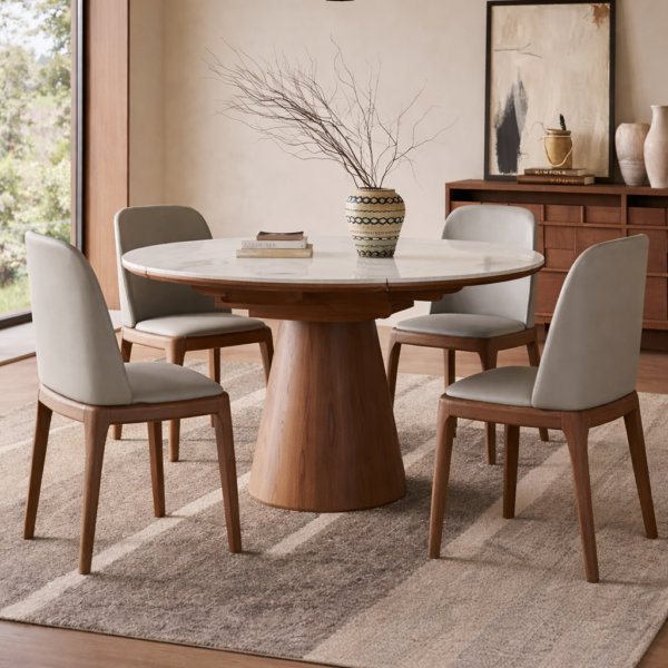 Artisan Elm – Aria Sculptural Walnut Round Dining Set(5-pieces)