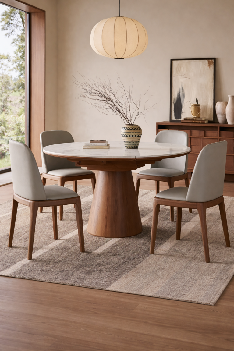Artisan Elm – Aria Sculptural Walnut Round Dining Set(5-pieces)
