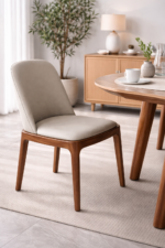 Nura Modern Walnut Upholstered Dining Chair– Japandi Solid Wood Kitchen Chair with Curved Backrest | Minimalist Luxury Dining Room Seating